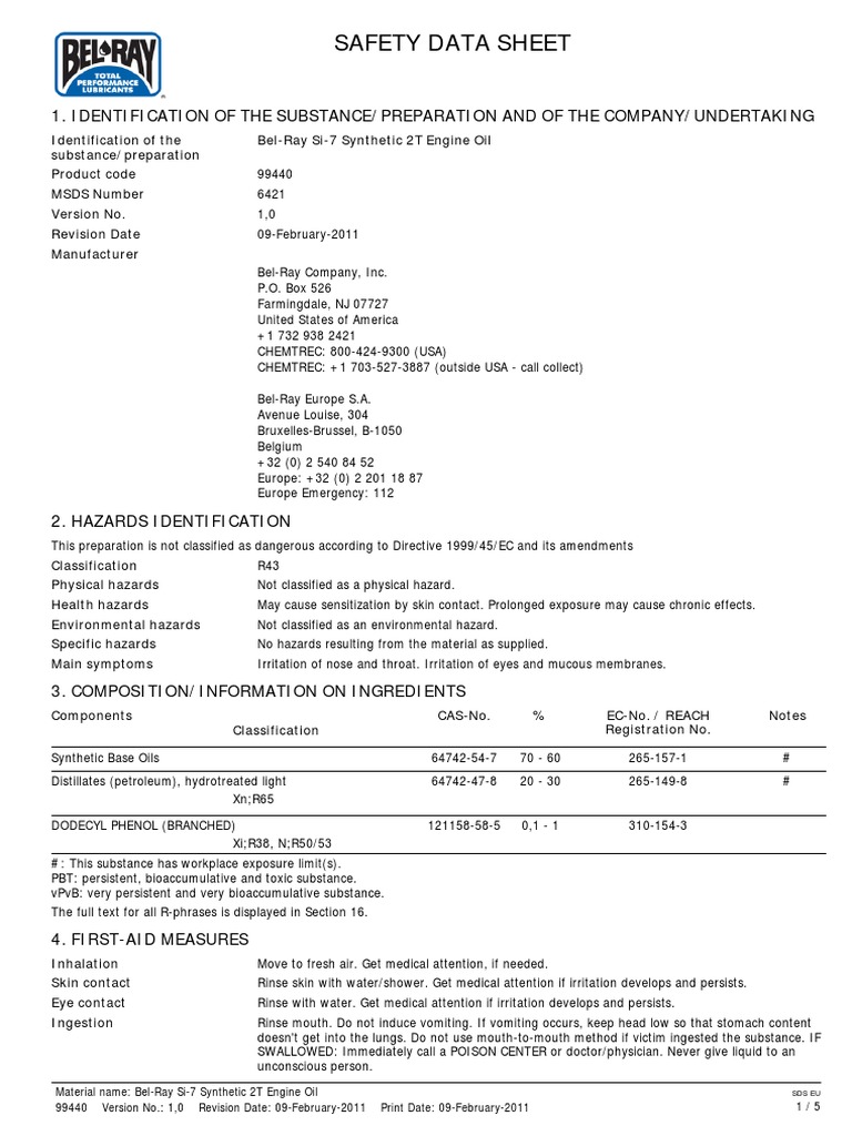 Bel Ray Si 7 Synthetic 2t Engine Oil Item 99440 Eu English Msds PDF Dangerous Goods Toxicity
