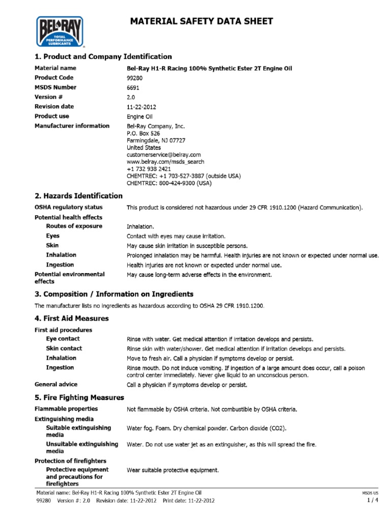 MSDS_BelRay H1R Racing 100 Synthetic Ester 2Stroke Oil PDF