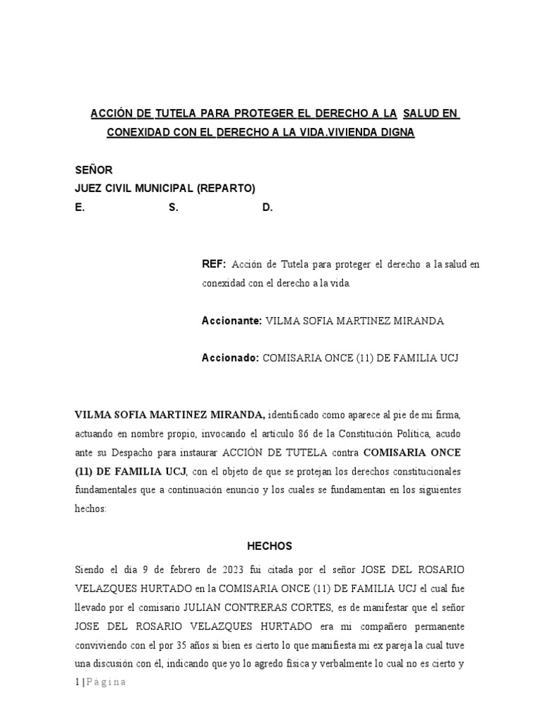 Accion de Tutela Vivienda Digna | PDF | Petición | Derecho Constitucional