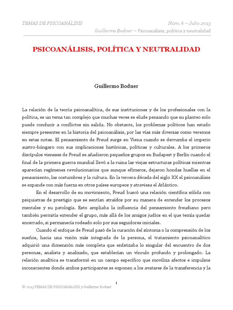 PSICOANÁLISIS, POLÍTICA Y NEUTRALIDAD. G Bodner PDF Psicoanálisis