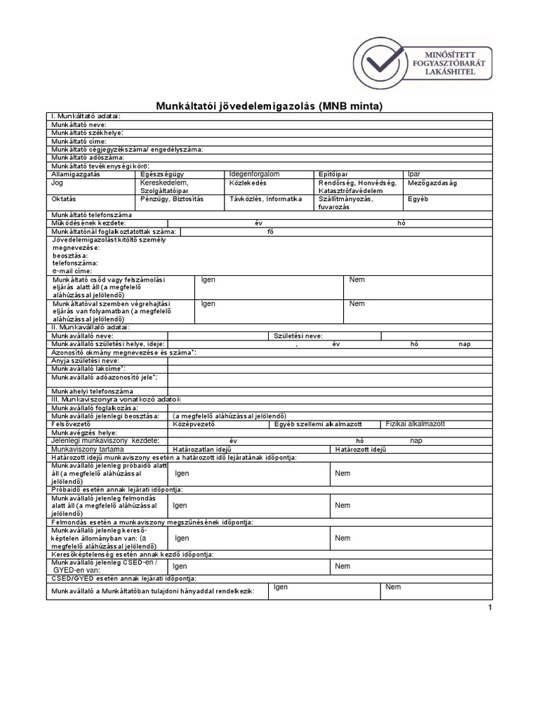 Munkáltatói Igazolás - MNB Minta | PDF