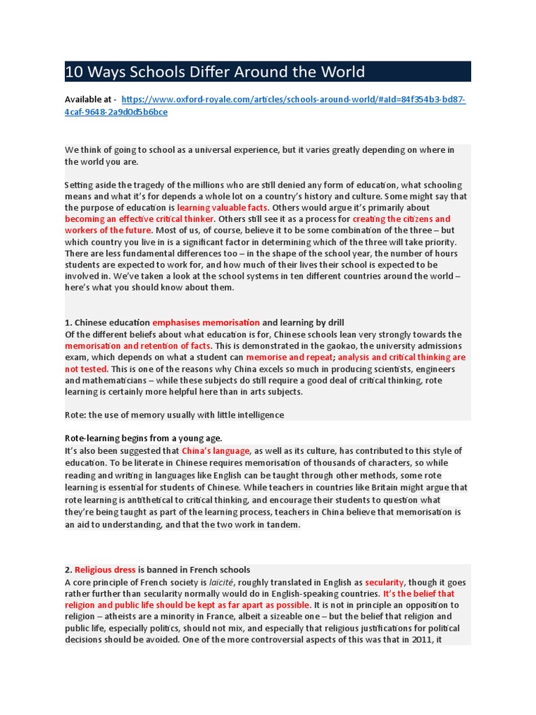 Global Schooling Differences | PDF | Critical Thinking | Hijab
