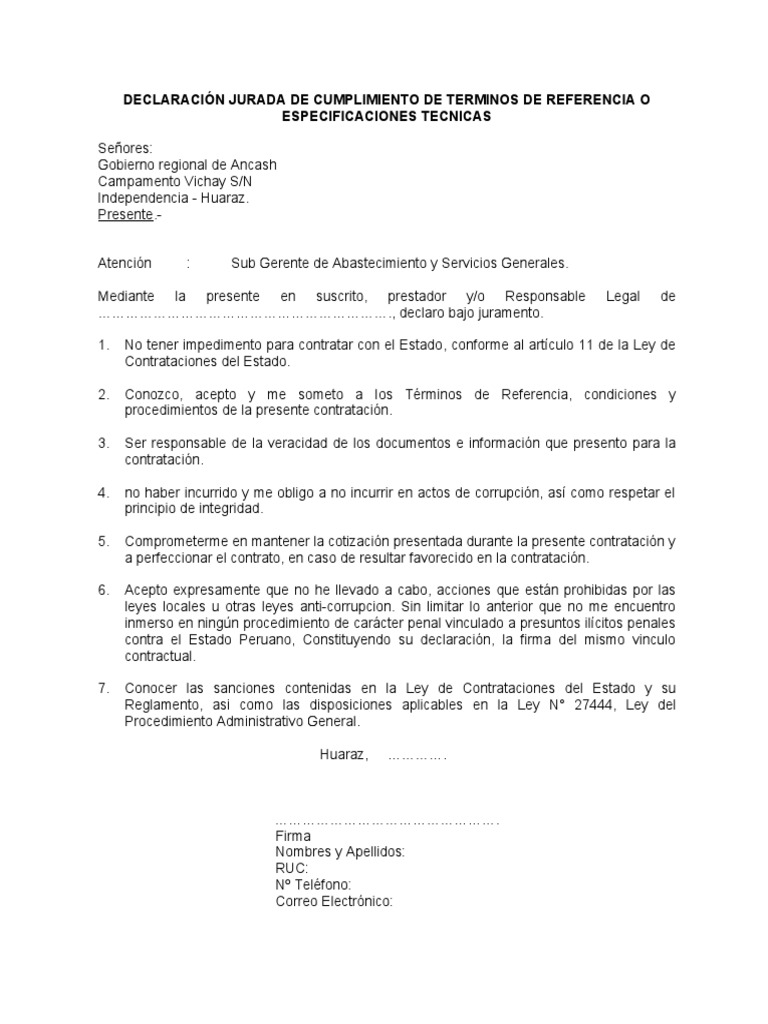 Modelo Declaracion Jurada de Cumplimiento de TDR | PDF