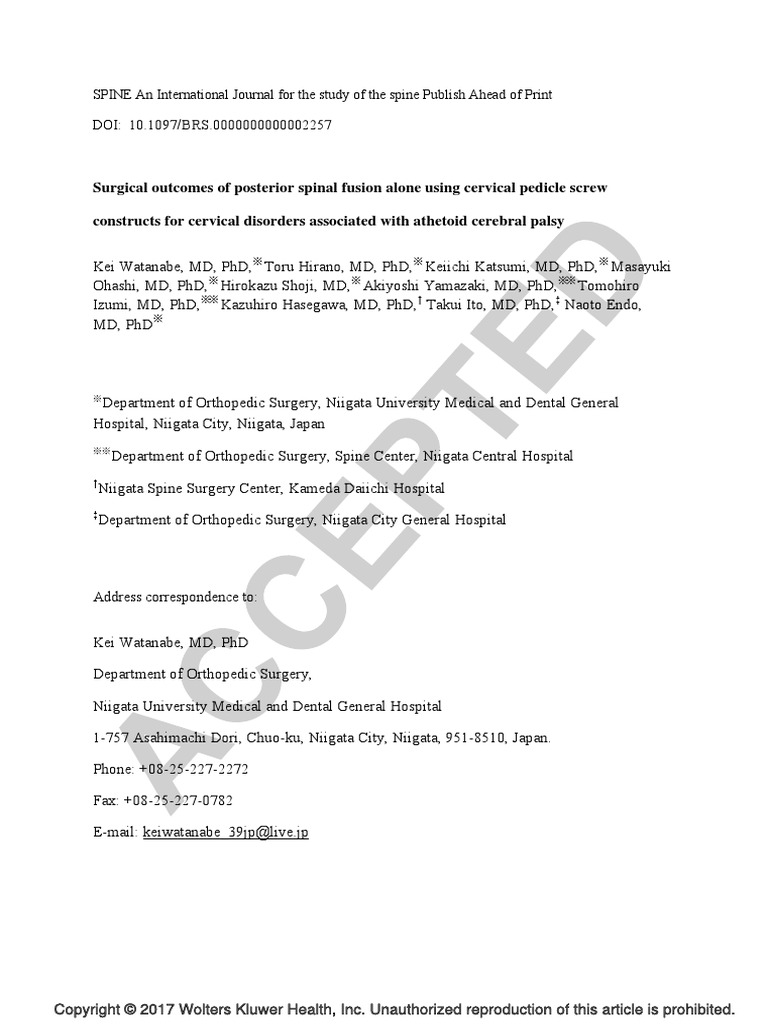 Surgical Outcomes Of Posterior Spinal Fusion Alone Using Cervical
