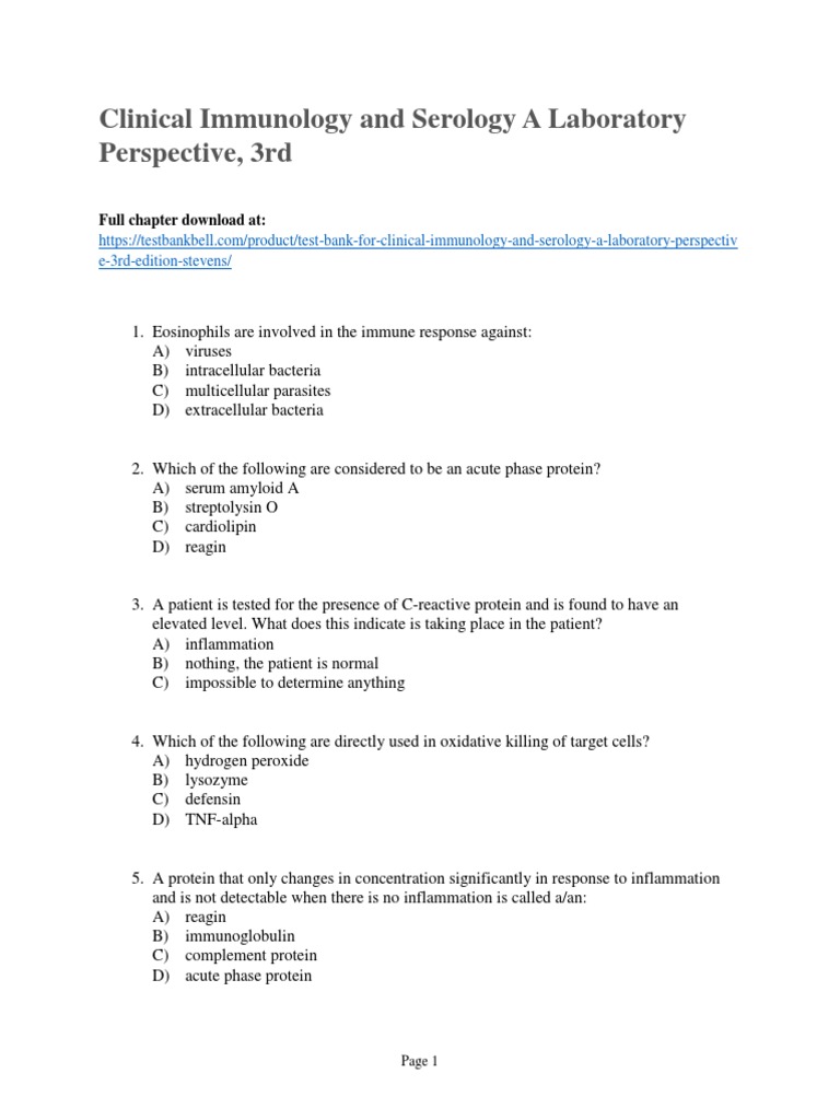 Test Bank For Clinical Immunology and Serology A Laboratory Perspective
