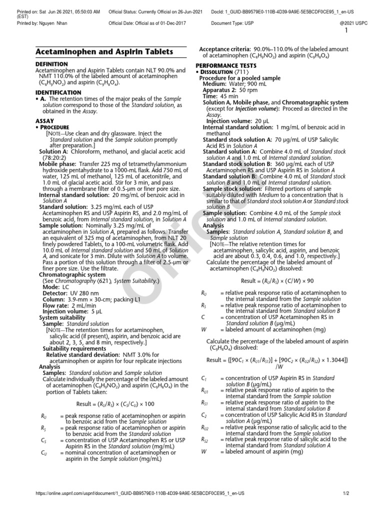 Acetaminophen and Aspirin Tablets PDF Aspirin Acid