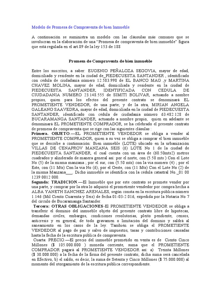 Modelo de Promesa de Compraventa Inmueble | PDF | Derecho empresarial ...