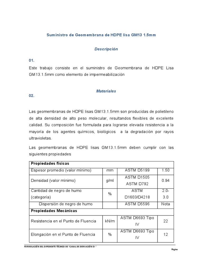 Suministro de Geomembrana HDPE 1.5mm | PDF | Ultravioleta | Física ...