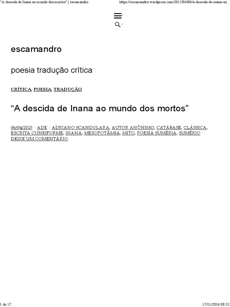 Descida de Inana Ao Mundo Dos Mortos. Comentário e Tradução de Adriano ...