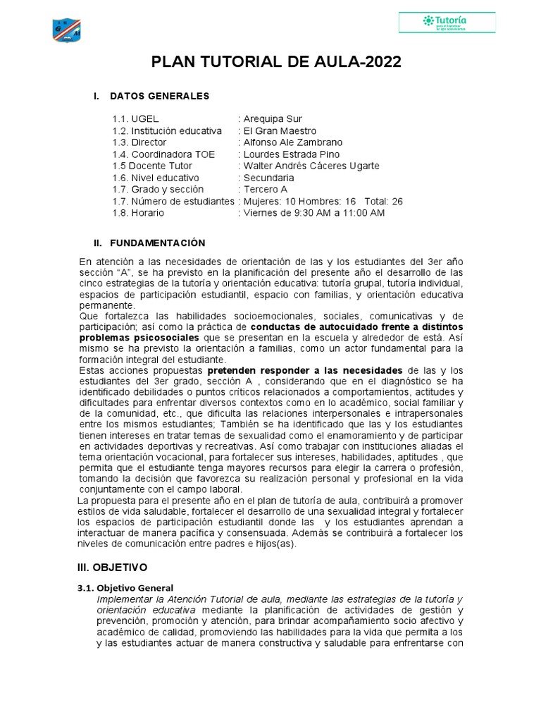 Plan Tutorial de Aula Secundaria 2022 | PDF | Salón de clases | Las ...
