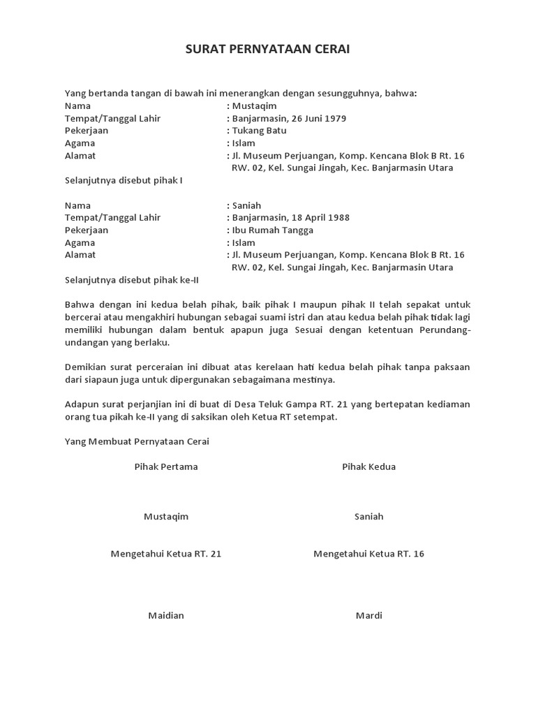 Contoh Surat Pernyataan Cerai PDF