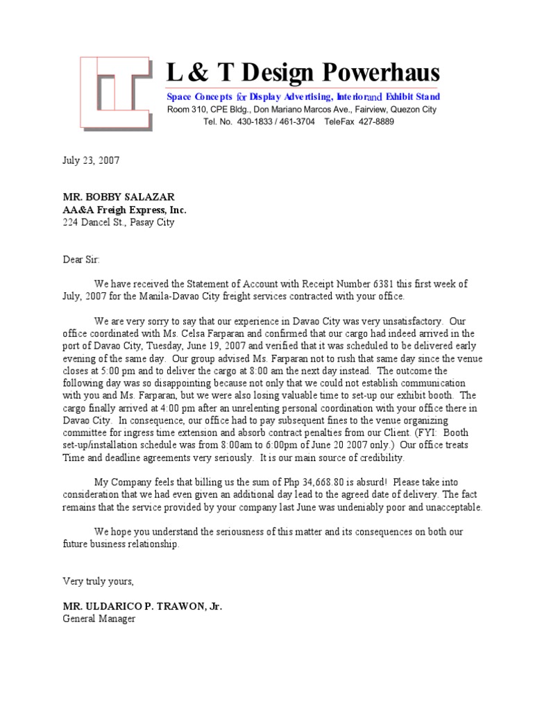Letter of Unsatisfaction | PDF