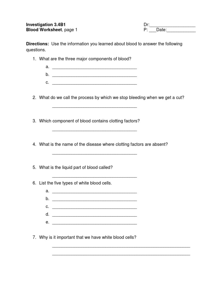 3 46B1 Blood Worksheet 1 PDF Blood Blood Cell