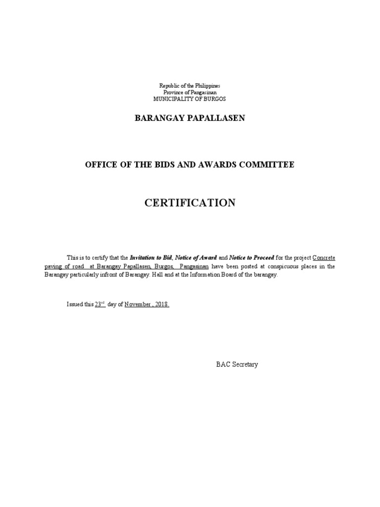 Certification of Bid Posting in Barangay | PDF
