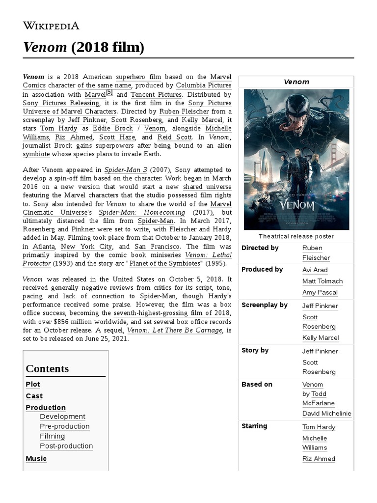 Venom - (2018 - Film) Wikipedia | PDF