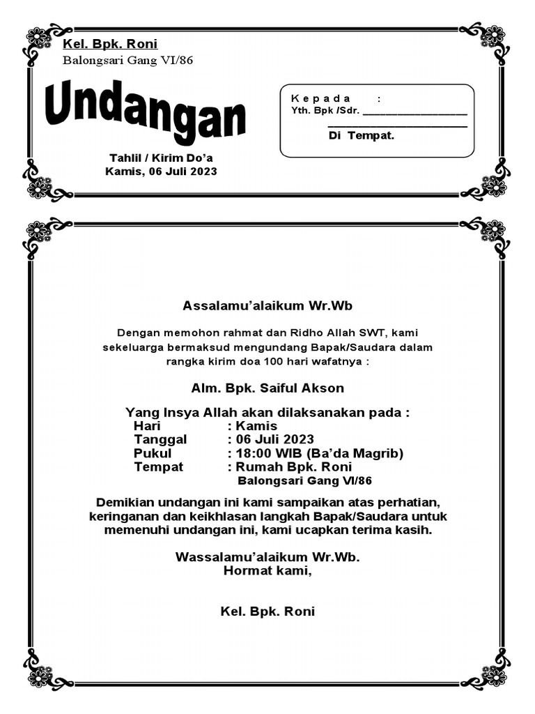 undangan tahlil 100 hari | PDF