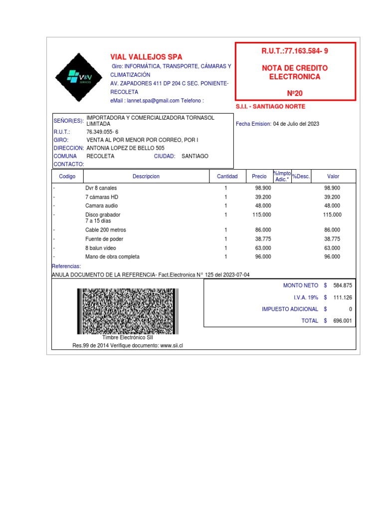Vial Vallejos Spa R.U.T.:77.163.584-9 Nota de Credito Electronica Nº20 ...