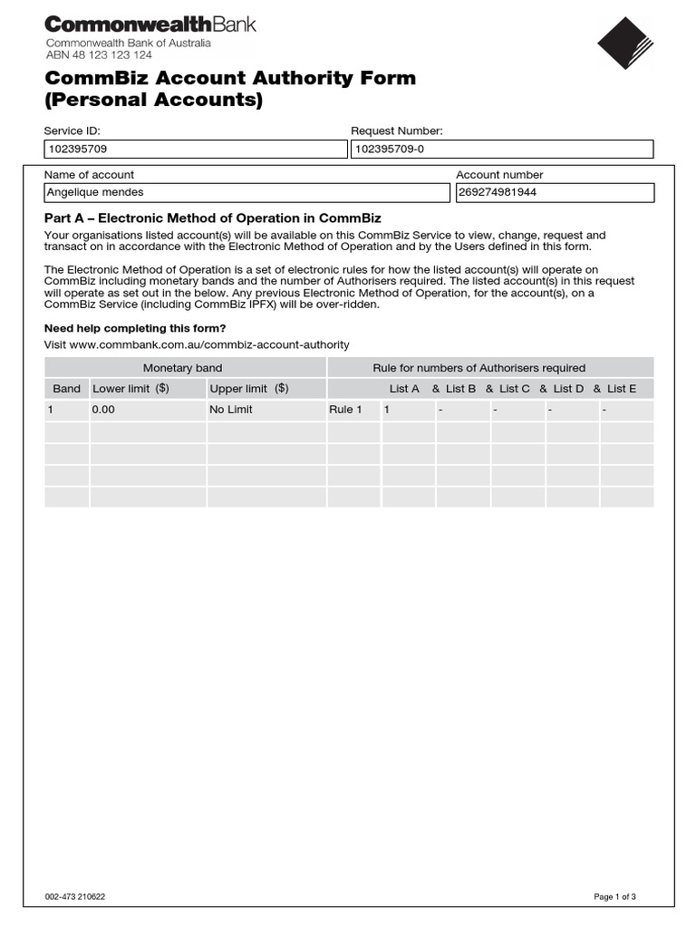 CommBiz Account Authority Form | PDF | Service Industries