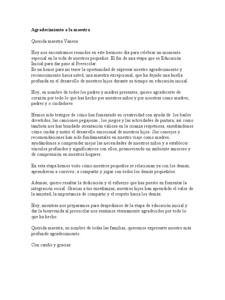 Agradecimiento a la Maestra Vanesa | PDF | Relaciones personales ...