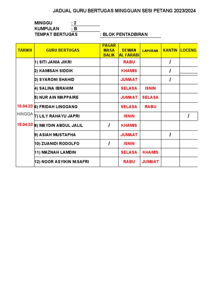 Jadual Bertugas Mingguan Pdf