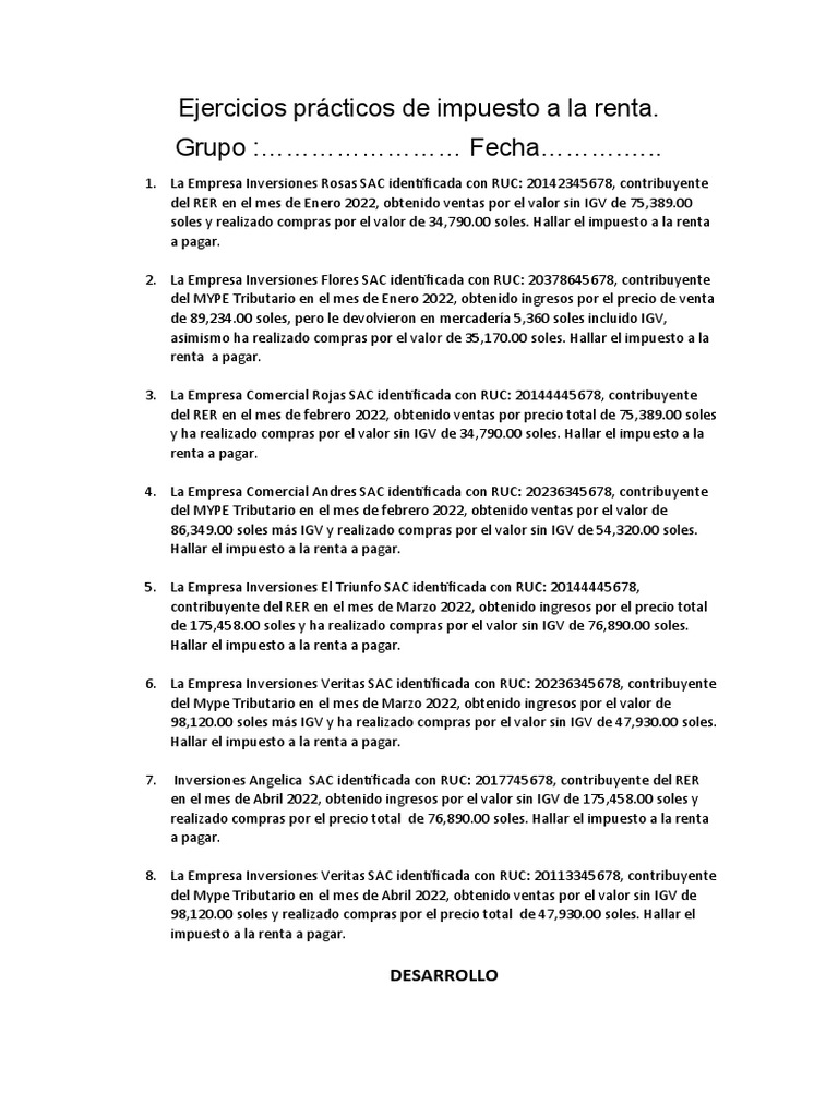 Ejercicios de Cálculo de Impuesto a la Renta | PDF | Impuesto sobre la ...