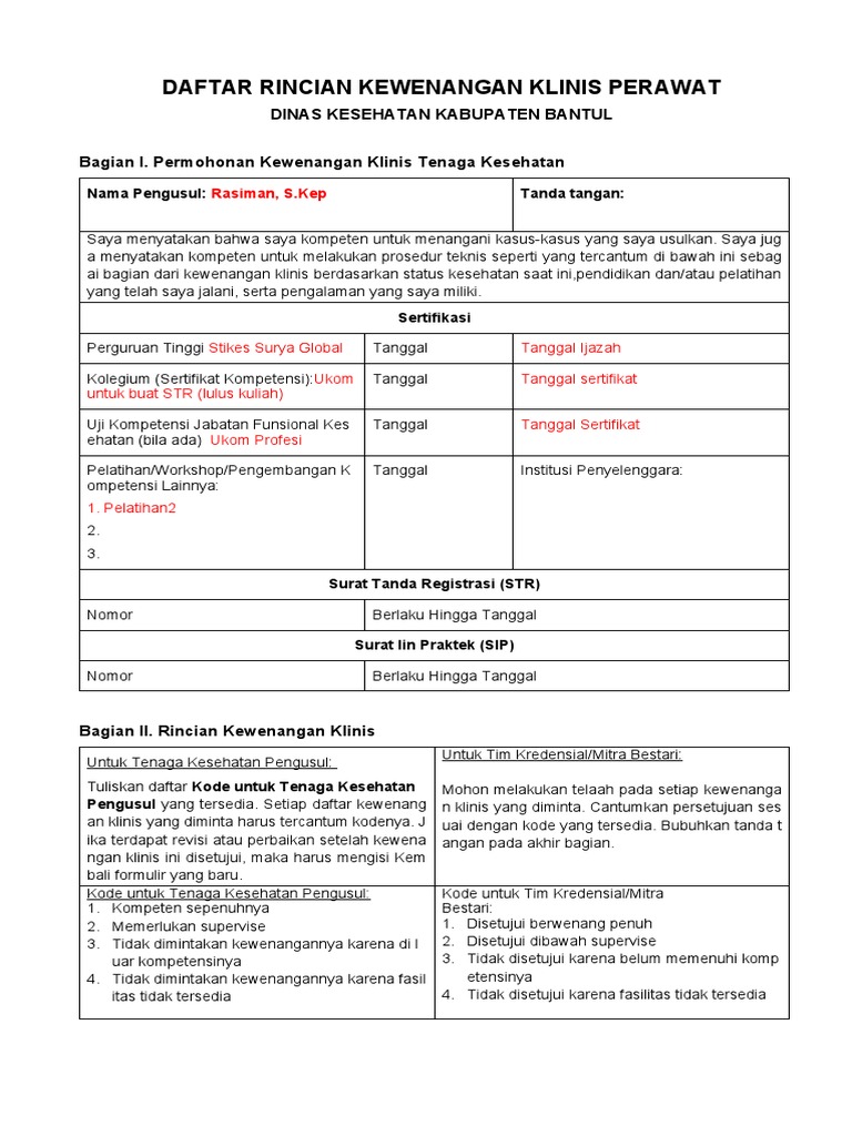 contoh INSTRUMEN KREDENSIAL PERAWAT DINKES BANTUL_PUSK - (usulan) (2) | PDF
