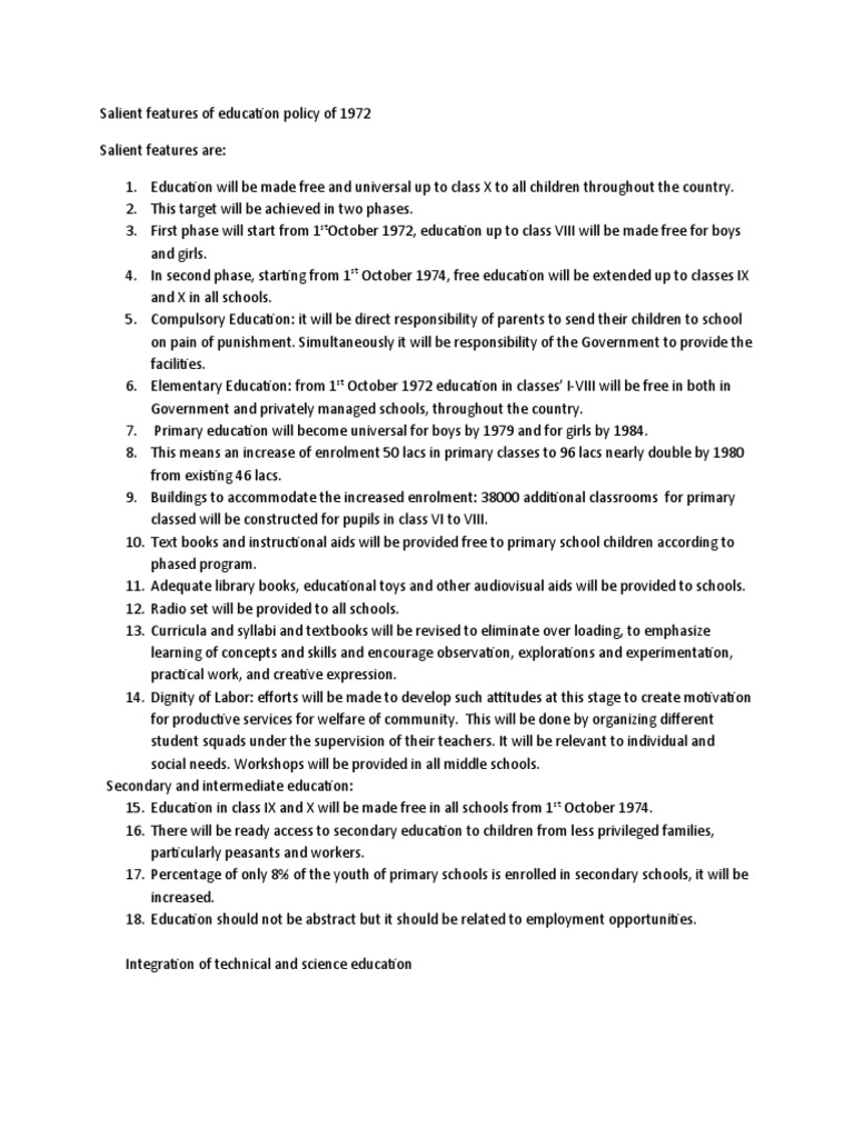 Salient Features of Education Policy of 1972 | PDF | Schools | Teachers