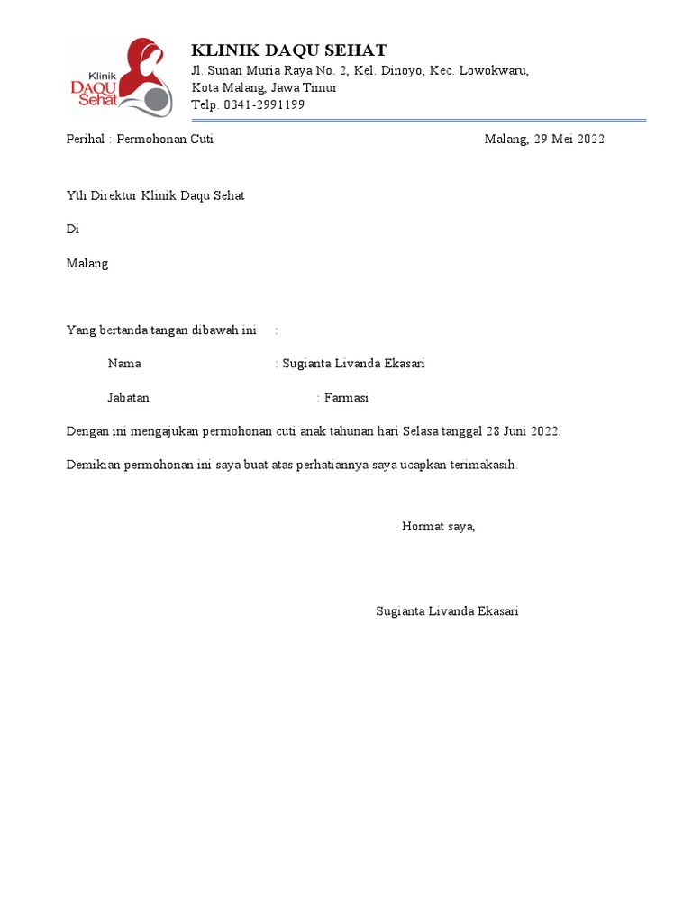 Contoh Surat Cuti Pdf