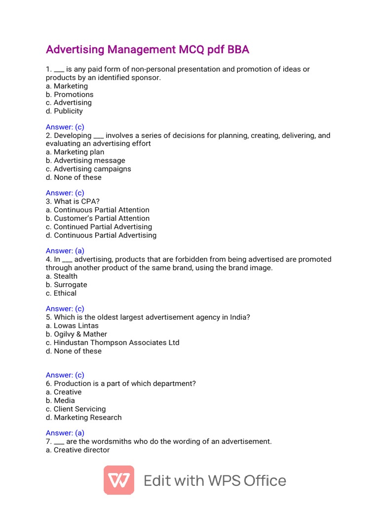 Advertising MCQ PDF Advertising Marketing