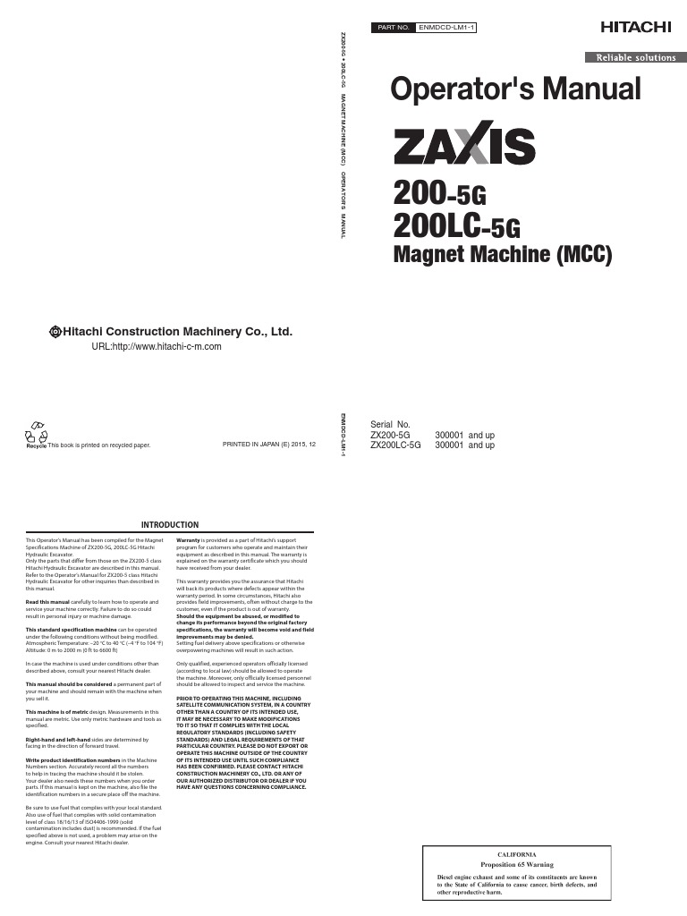 Operator Manual ZX200-5G | PDF | Safety | Hazards