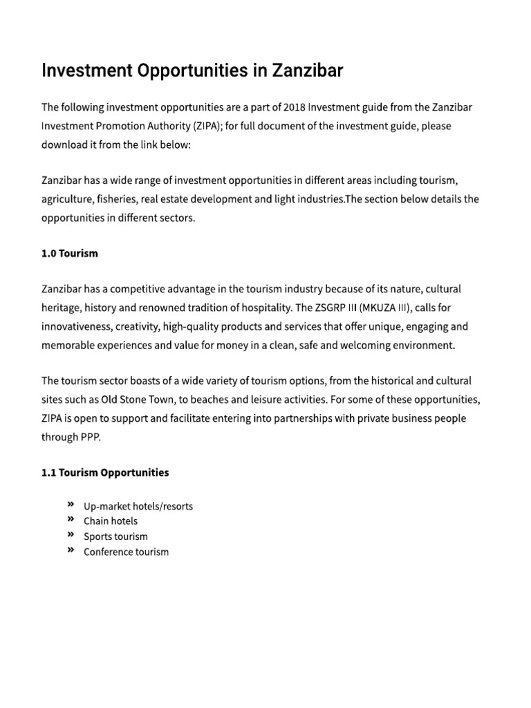Investment Opportunities in Zanzibar Zanzibar Diaspora PDF