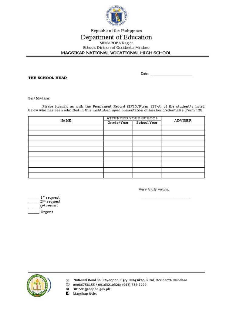 Sample Request Letter For Form 137 In High School Philippines