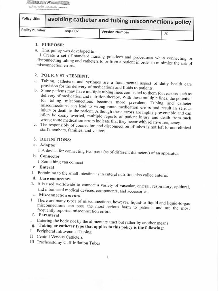 (NSR) Avoiding Catheter and Tubing Misconnections Policy | PDF
