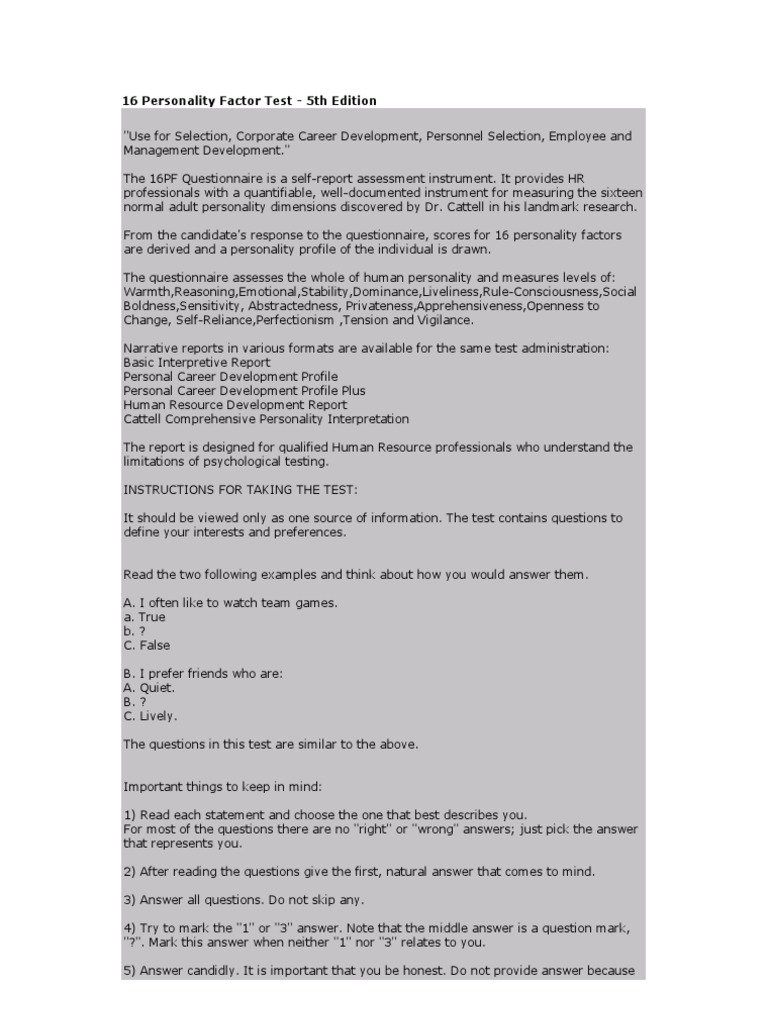 16 Personality Factor Test Overview | PDF | Social Psychology | Psychology