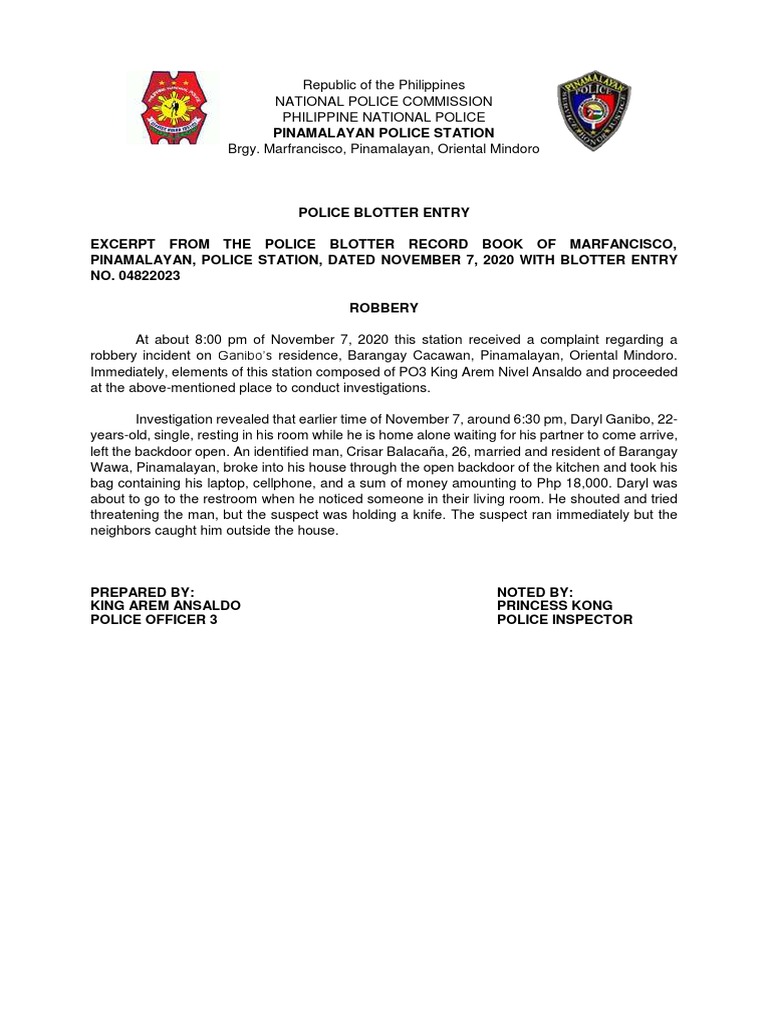 Pinamalayan Robbery Incident Report | PDF | Robbery | Crimes