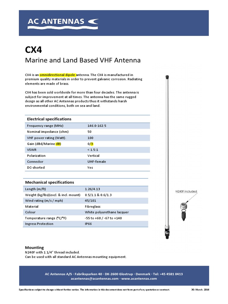 CX4 VHF DSC Antenna 3dB PDF Antenna (Radio) Information And