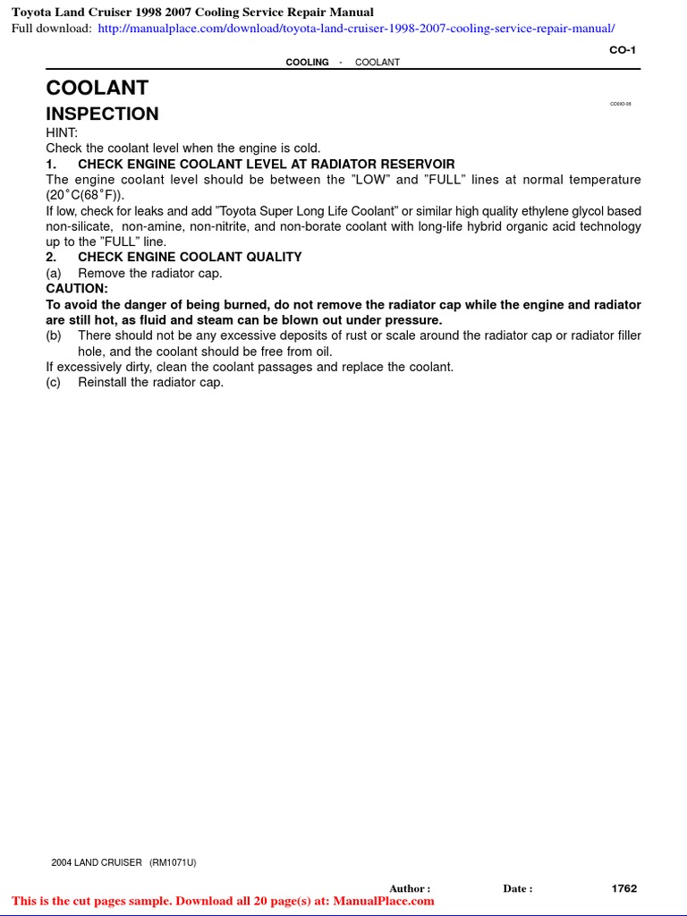 Toyota Land Cruiser 1998 2007 Cooling Service Repair Manual | Download ...