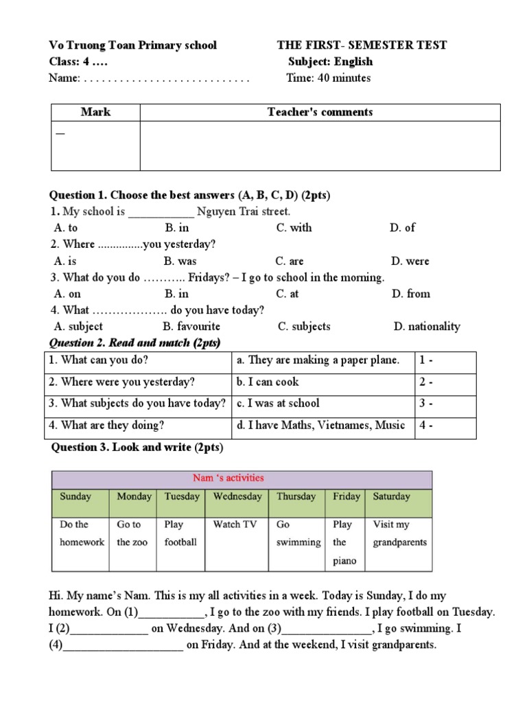 First Semester English Test for Grade 4 | PDF | Language Arts & Discipline
