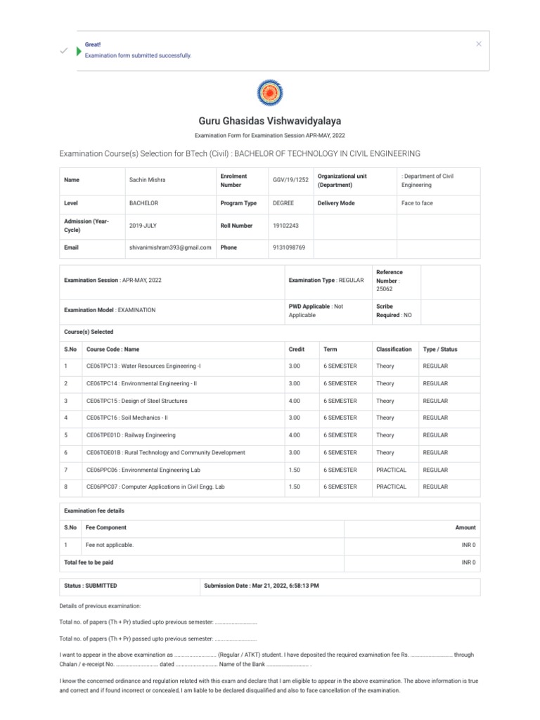 BTech Civil Engineering Exam Form 2022 | PDF | Academic Term