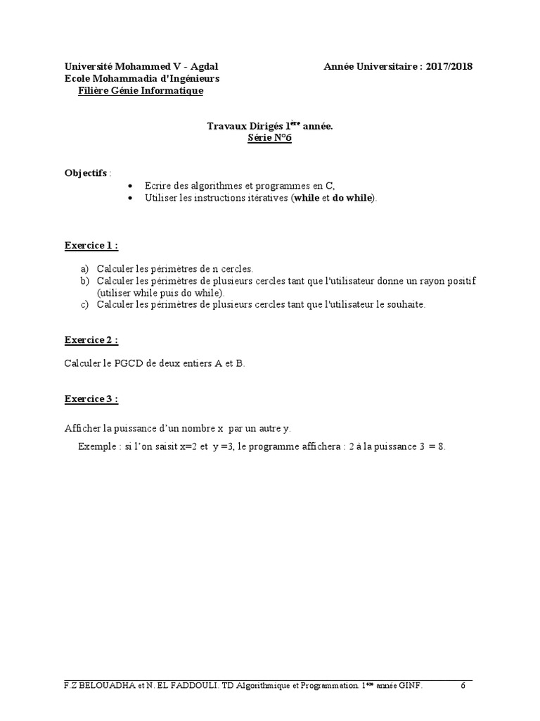 F.Z BELOUADHA Et N. EL FADDOULI. TD Algorithmique Et Programmation. 1 ...