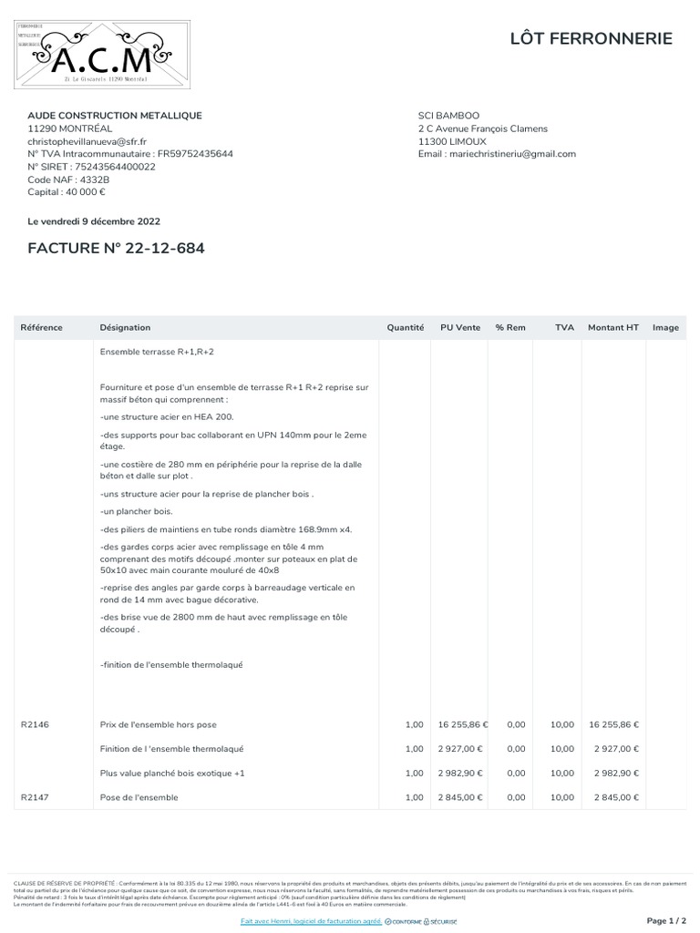 Facture Ensemble Terrasse R+1 R+2 | PDF | Taxe sur la valeur ajoutée ...
