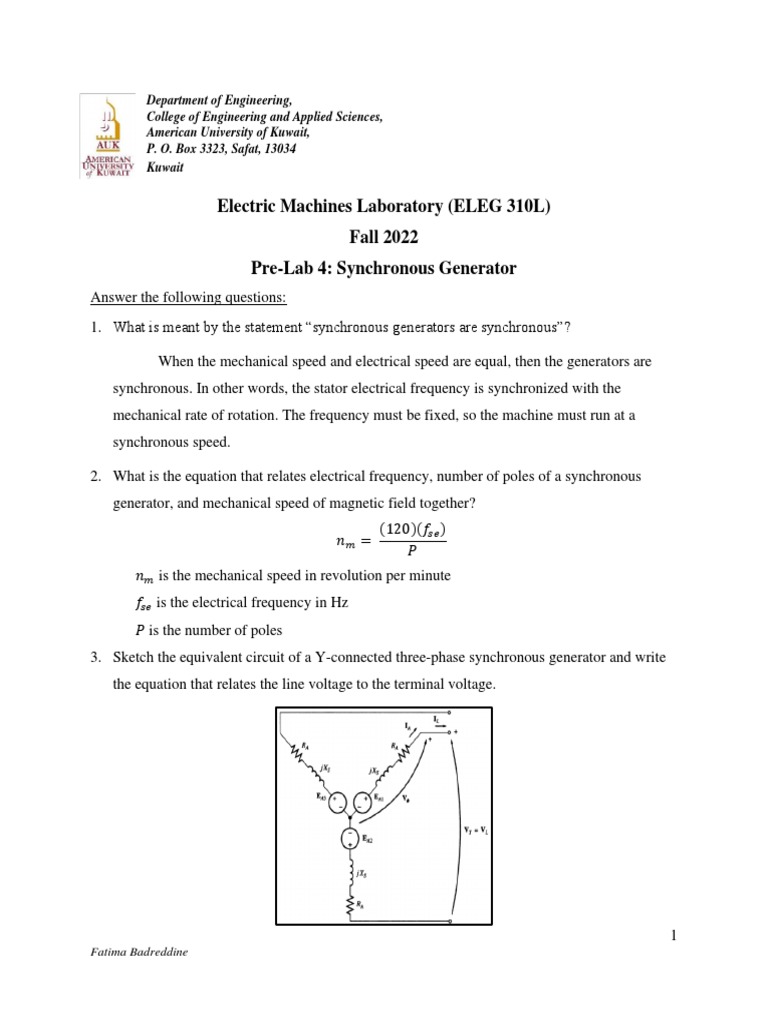 Synchronous Generator Pre-Lab Guide | PDF | Electric Generator ...