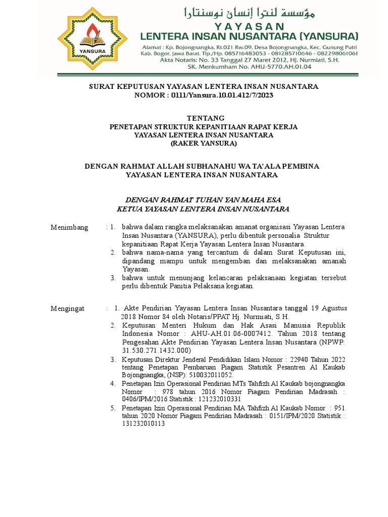 Struktur Panitia Raker Yayasan Yansura 2023 | PDF