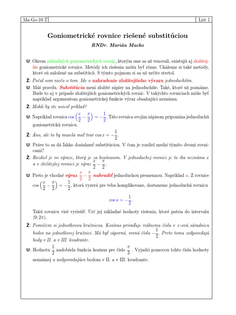 Goniometrické Rovnice Riešené Substitúciou | PDF