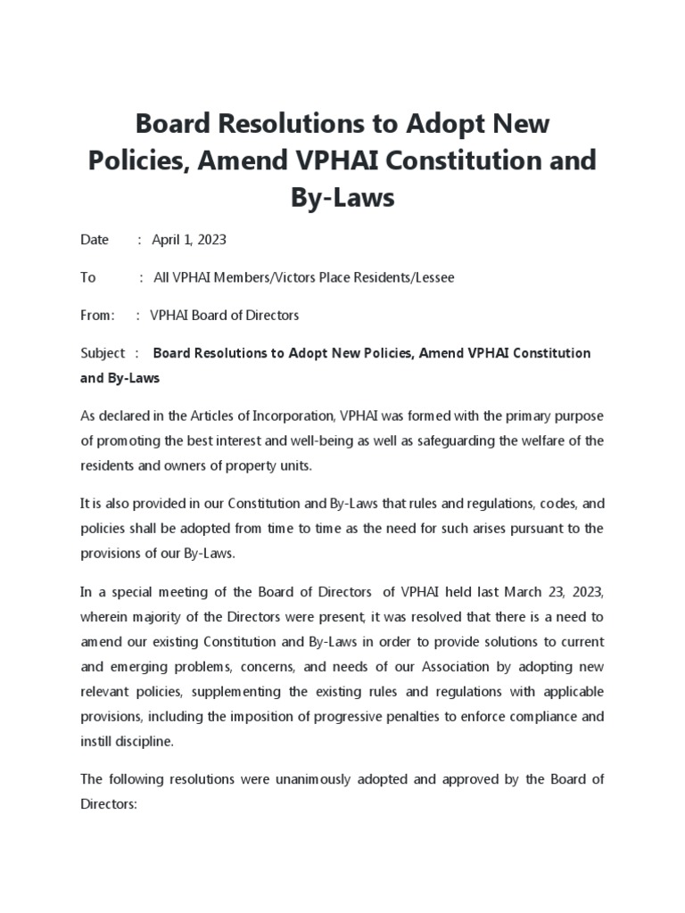 Board Resolutions To Adopt New Policies PDF Lease By Law