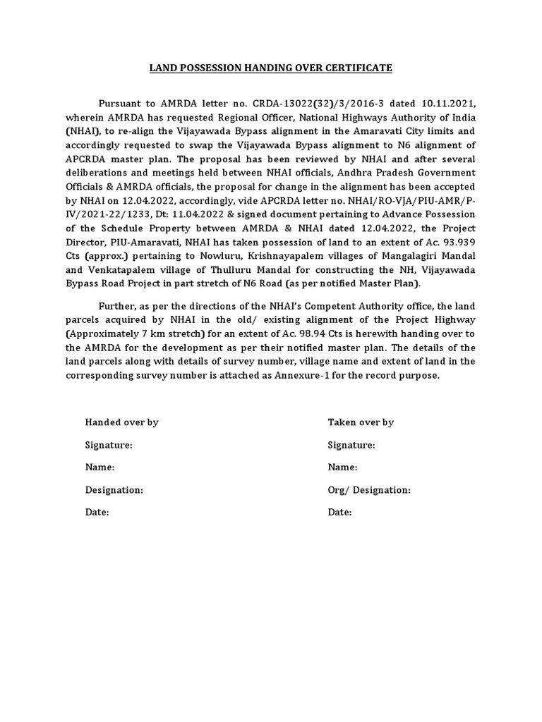 Possession Certificate of NHAI-1 | PDF