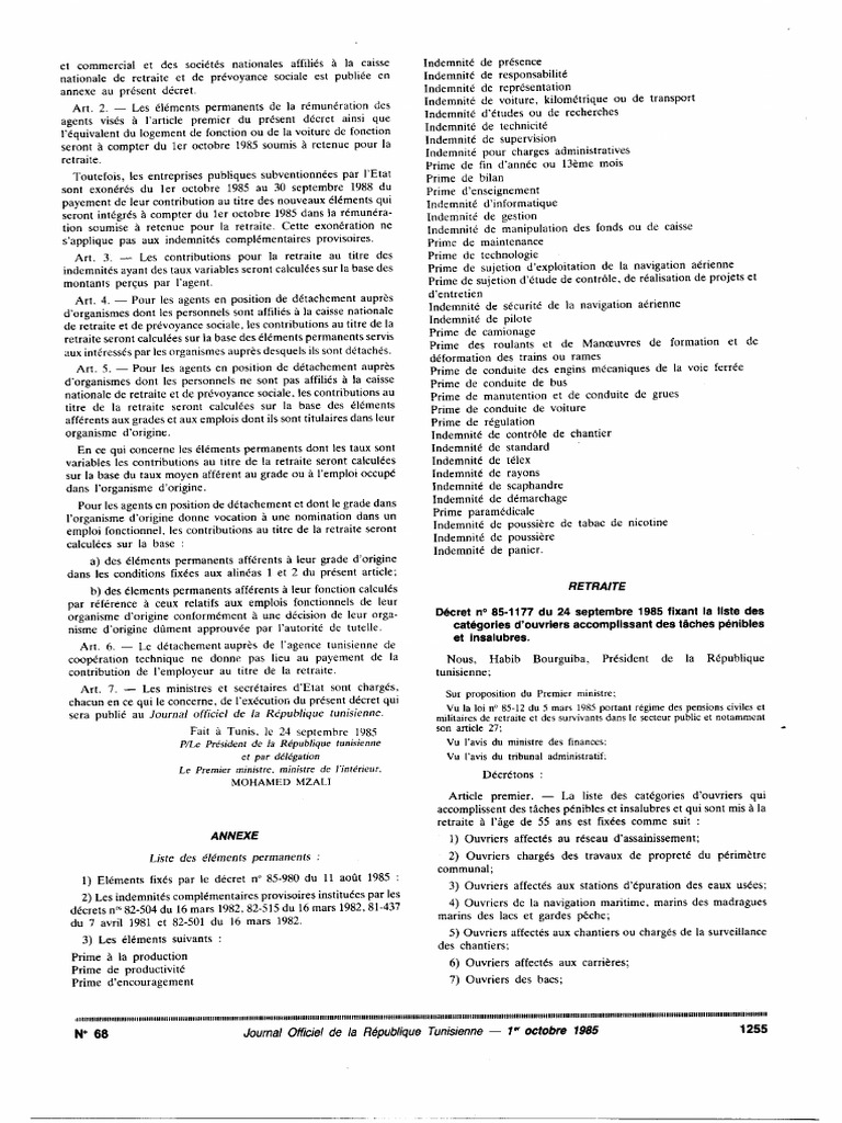 Décret N° 851177 Du 24 Septembre 1985, Fixant La Liste Des Catégories D