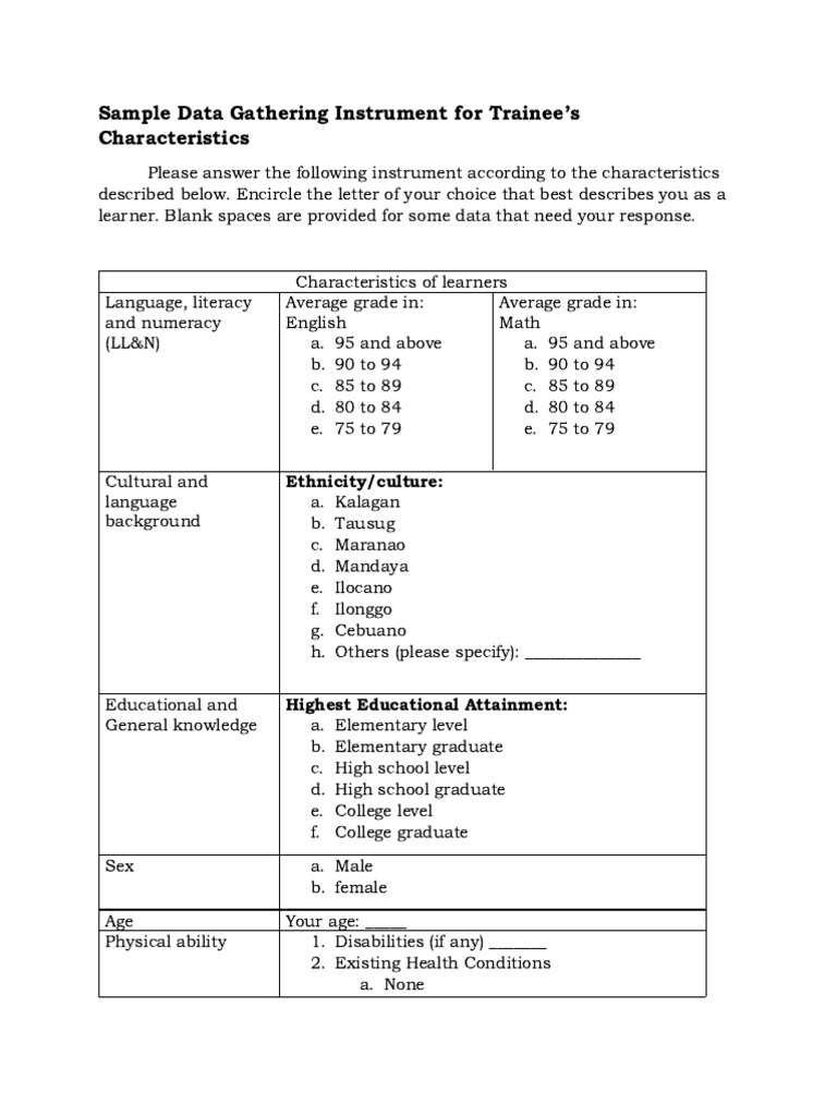 Sample Data Gathering Instrument For Trainee | PDF | Learning ...
