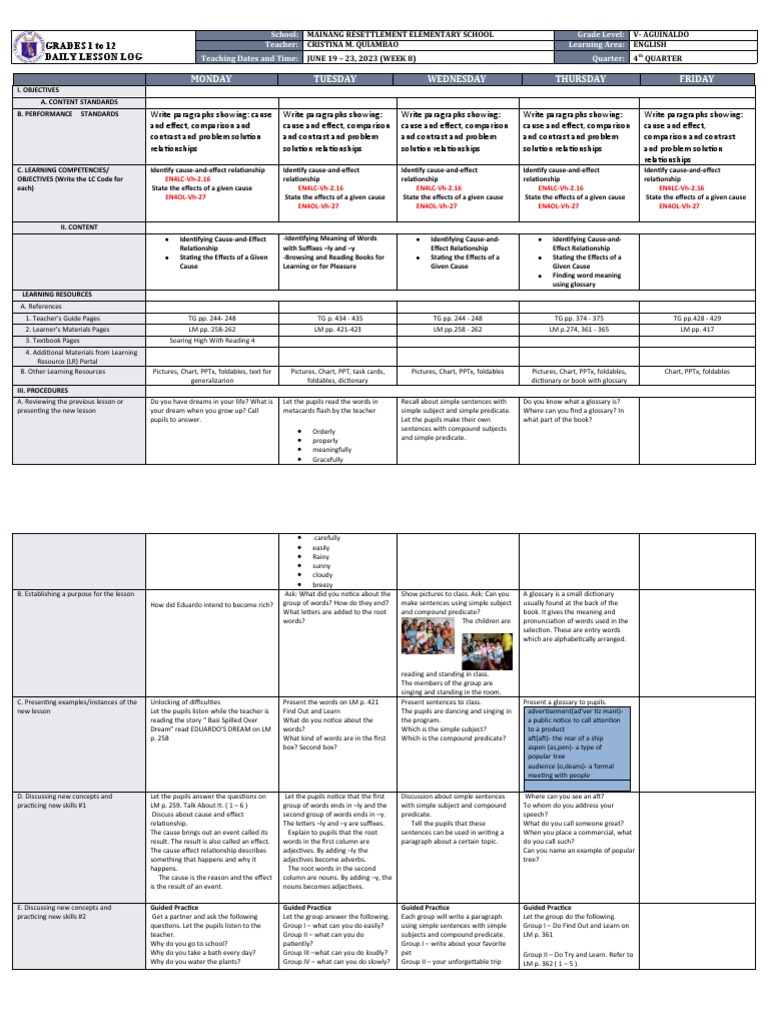 Grade 5 English Daily Lesson Plan | PDF | Adjective | Adverb