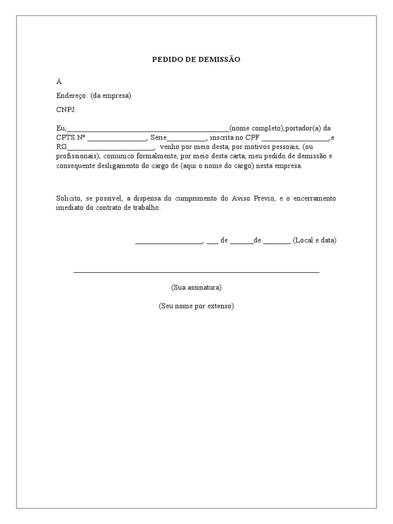 Carta Pedido Demissão Sem Aviso Prévio | PDF